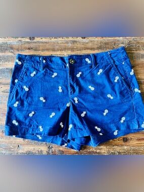 LOFT Navy Washed-Twill Shorts with White Pineapple Embroidery Sz 10 EUC